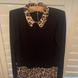 Marled Black and Brown Crew Neck Sweater with Leopard Accents